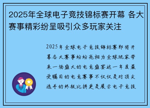 2025年全球电子竞技锦标赛开幕 各大赛事精彩纷呈吸引众多玩家关注