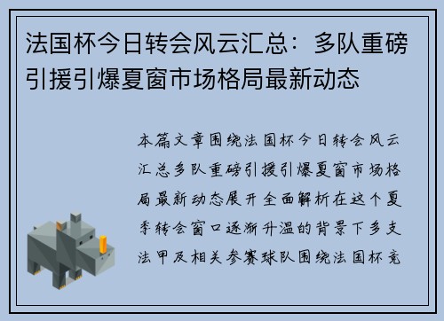 法国杯今日转会风云汇总：多队重磅引援引爆夏窗市场格局最新动态